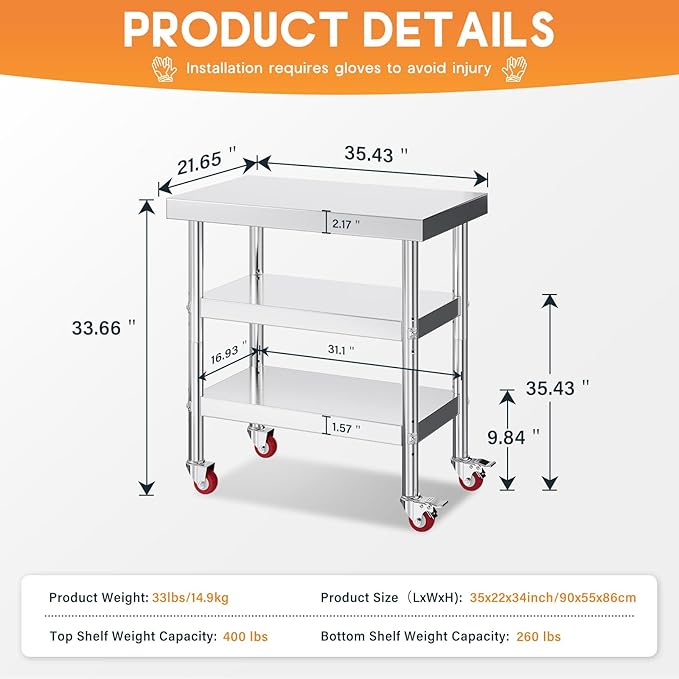 Jocisland 22" x 36" Three-Tier Stainless Steel Table for Prep & Work with Wheels, Adjustable Under Shelf, for Commercial Kitchen, Restaurant, Hotel and Garage