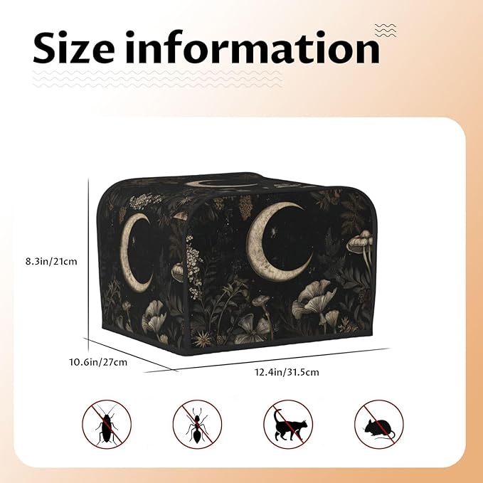 4 Slice Toaster Cover for Kitchen Vintage Botanical Moon Waterproof and Dustproof Toaster Dust Cover with Side Pockets Decorative Universal Cover for Wide Slot Toasters and Small Appliances