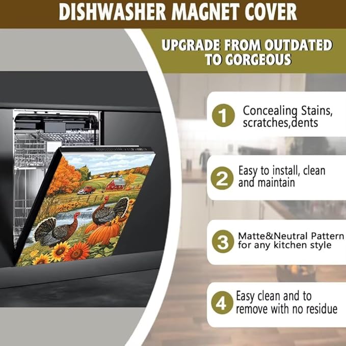 Autumn Farm Scene with Pumpkins Magnetic Dishwasher Cover Vinyl Sticker,Thanksgiving Turkeys Dishwasher Magnet Cover, Fridge Door Cover Magnets Art Skin Panel Decal for Home Decor, 23"X26"
