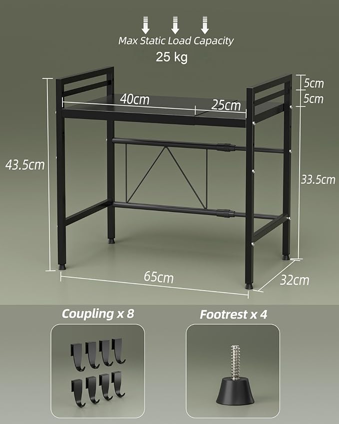 NETEL 2 Pcs Expandable Microwave Stand,2 Tier Metal Kitchen Countertop Organizer Shelves with 8 Hooks,Bakers Rack,Microwave Shelf,Microwave Oven Rack,55lbs Weight Capacity