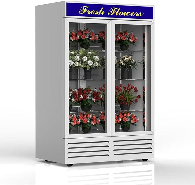 Commercial Flower Refrigerator Floral Display Cooler,White 2 Glass Doors Fridge With LED Light Adjustable Shelves,ETLSanitation Approval,42.5Cu Ft,47.2" Wide, Wheels Included