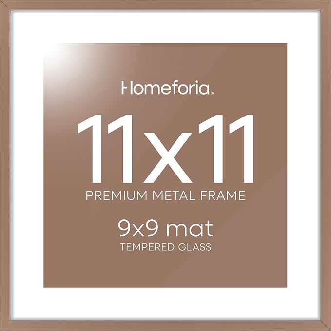 Homeforia 11x11 Picture Frame Mocha, High End Metal 11 by 11 Square Frames with Mat 9 x 9 Opening, 11by11 Poster Frames Matted to 9x9 inch Photo, Wall Hanging Frame, Tempered Glass, Wall Kit, Set of 1