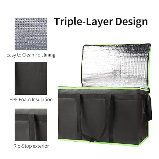 Bodaon 5-Pack Cooler Insulated Food Delivery Bag, Rideshare Delivery Bag, XXX-Large Thermal Bags for Catering/Hot Pizza, Travel/Camping/Picnic/Grocery Reusable Warmer Frozen, Black-Green Edge