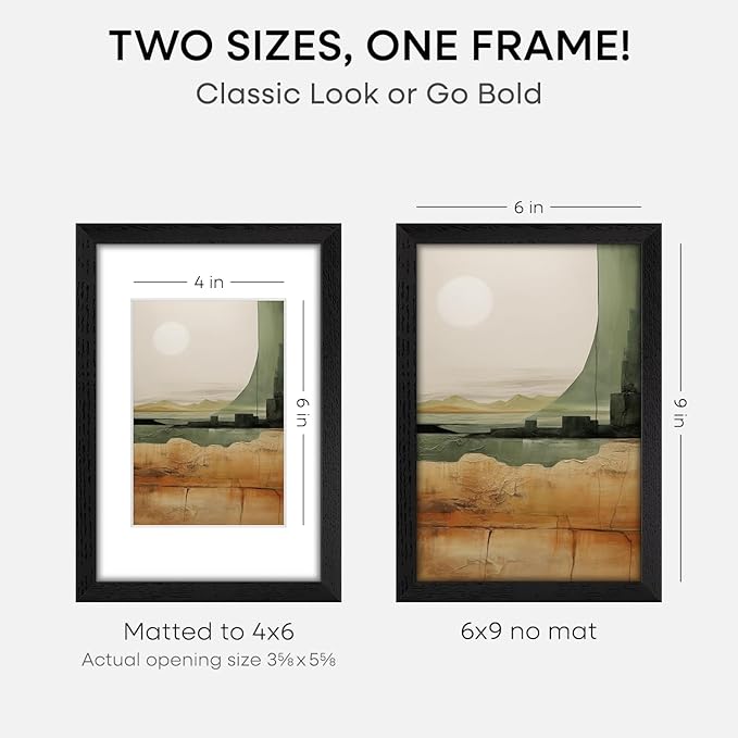 Homeforia 9x6 Black Wood Frame, High End Oak 6x9 Black Wooden Picture Frames with Mat 4x6 Print, 6 x 9 Frame Matted to 4 by 6 inch Photo, 6x9 Wall or Tabletop Frames, Tempered Glass, Wall Kit, Set of 2