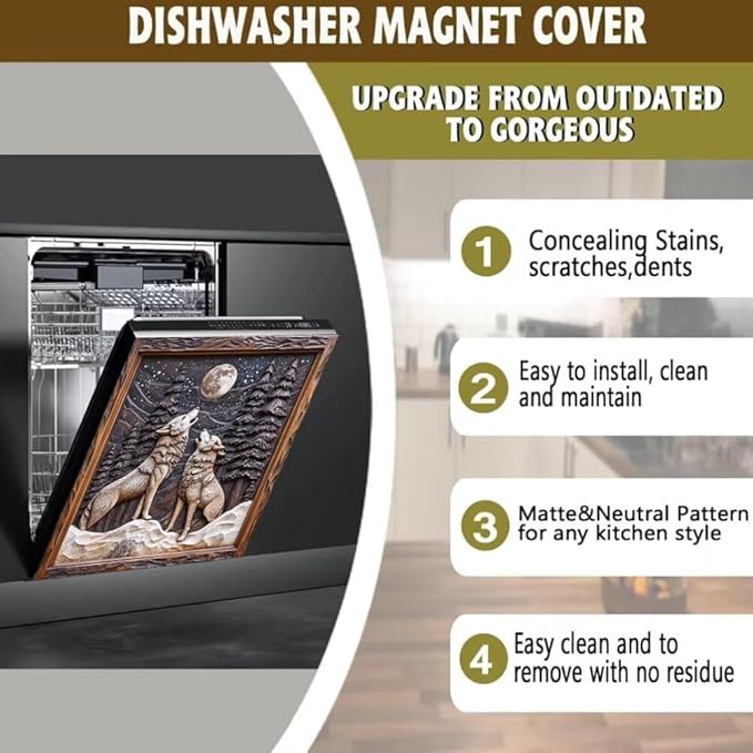 Wolves Howling at Moon Magnetic Dishwasher Cover Vinyl Sticker,Forest Scene with Pine Trees Dishwasher Magnet Cover, Wood Fridge Door Cover Magnets Art Skin Panel Decal for Home Decor, 23"X26"