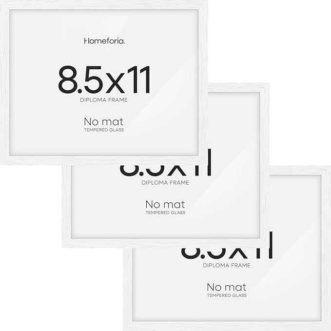 Homeforia 8.5 x 11 Diploma Frame White Wood, High End Oak 8.5x11 Certificate Frames, 11x8.5 Document Frames for Wall or Tabletop, 8.5 by 11 Award White Wooden Frame, Tempered Glass, Wall Kit, Set of 3