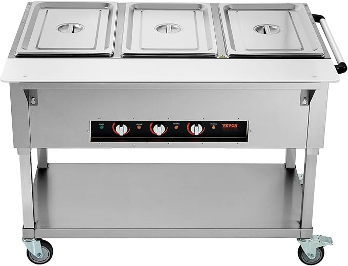 VEVOR 3-Pan Commercial Food Warmer, 3 x 20.6QT Electric Warm Table, 1500W Professional Buffet Catering Food Warmer with 4 Wheels (2 Lockable), Food Grade Stainless Steel Server for Party Restaurant