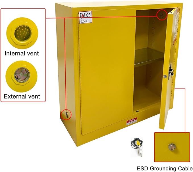 Flammable Safety Cabinet, 43" W x 18" D x 44" H, Suitable for Storing up to 30 Gallons, Cold-Rolled Steel fire Resistant Cabinet with Adjustable Shelves, 2 Manual Closing Doors for Industrial Use