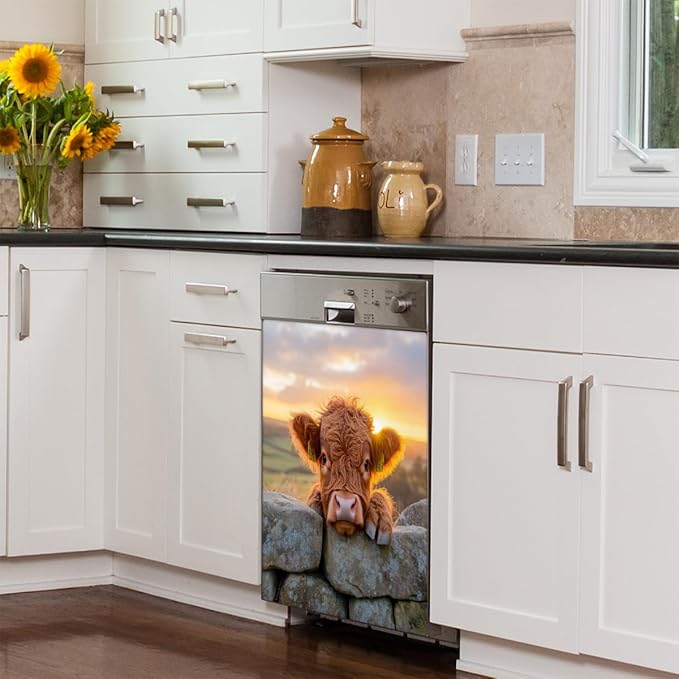 Funny Alpine Cow Dishwasher Magnet Cover Front Dishwasher Cover Decor Reusable Magnetic Door Cover Panel Decal Home Appliances Stickers Kitchen Refrigerator Fridge 23"x26"