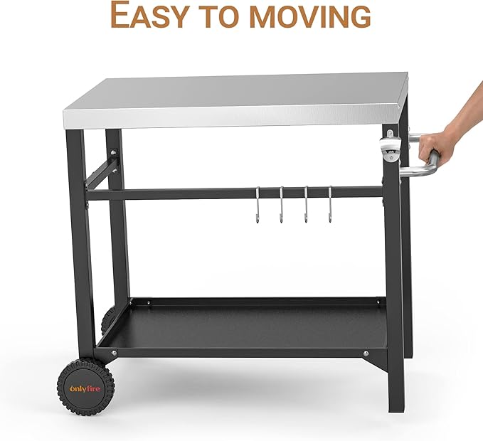 onlyfire Stainless Steel Movable Dining Cart Table, Pizza Oven Table, Multifunctional Utility Cart with Wheels for Outdoors, Kitchen or Backyard Patio