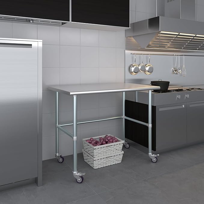 Mobile Metal Utility Prep Table | Heavy-Duty Commercial Work Station | NSF Certified (Stainless Steel Work Table Open Base + Casters) (48" Long x 24" Deep)