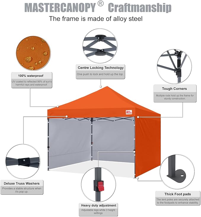 MASTERCANOPY Heavy Duty Pop-up Canopy Tent with Sidewalls (10x10,Orange)