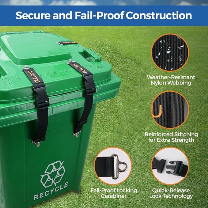 Trash Can Lock for Animals, 2PCS Adjustable Straps Garbage Can Locks for 28-100 Gallon Outdoor Bins, Bear Proof Trash Can Lock with Anti-Rust Metal Buckle, One-Hand Release Lid Locking Design
