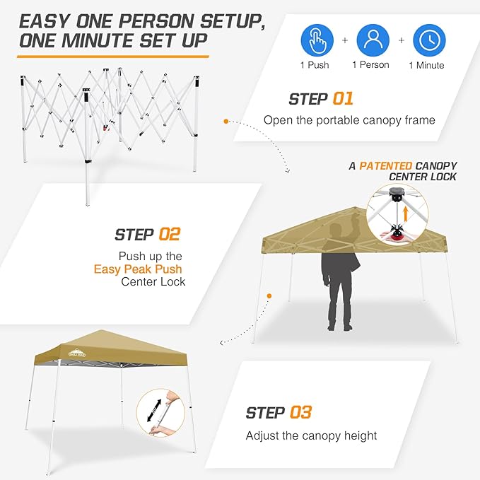 EAGLE PEAK 10x10 Slant Leg Pop-up Canopy Tent Easy One Person Setup Instant Outdoor Beach Canopy Folding Portable Sports Shelter 10x10 Base 8x8 Top (Beige)