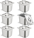 6 Set Stainless Steel Hotel Pans 1/6 Size 6 Inch Deep With Lids, Anti-Jam Chafing Steam Table Pans, Catering Food Storage Metal Pan