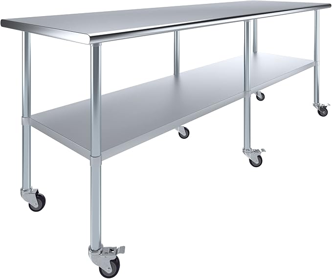 AmGood 96" Long x 30" Deep Stainless Steel Table with Casters