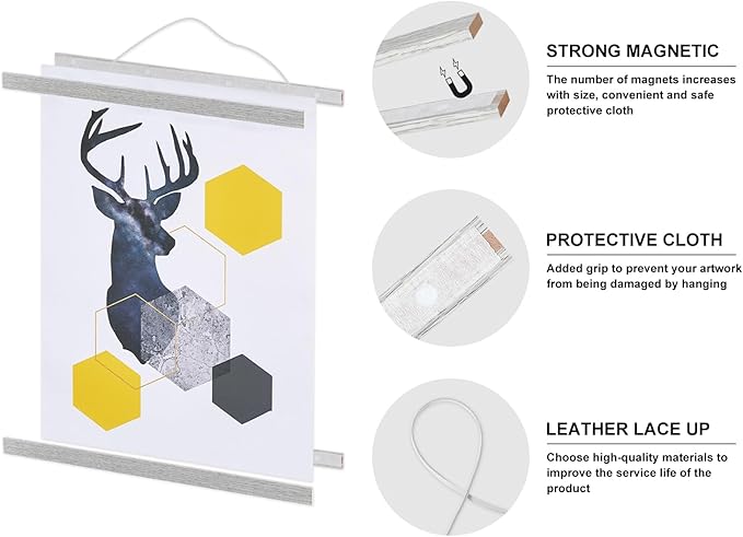 Magnetic Poster Hanger, 18x24 18x12 18x24 Poster Frame Wood Wooden Magnet Print Posters Dowel Scroll Hanger Hangers Hanging Kit for Walls Map Canvas Artwork (Grey, 18")