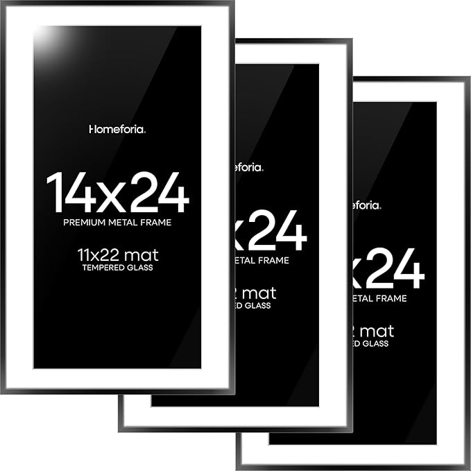 Homeforia 14x24 Picture Frame Black, High End Metal 14x24 Poster Frames with Mat 11x22 for Photo, 14 x 24 Black Frame Matted to 11 x 22 inch Print, 24x14 Thin Frame, Tempered Glass, Wall Kit, Set of 3