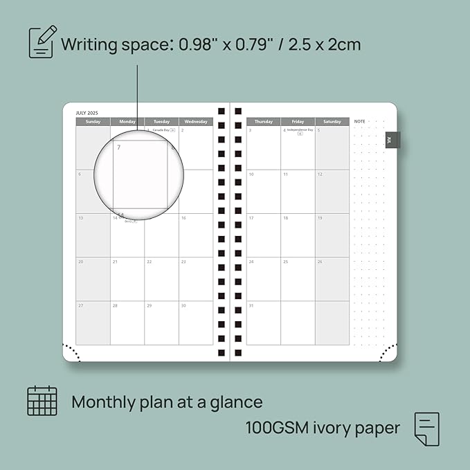 POPRUN Pocket Planner 2025-2026 (Purse Size 4'' x 6.25'') Academic Purse Calendar (July 2025 - June 2026) with Hourly Time Slots, 100GSM Thick Papers, Spiral Leather Cover - Blue Green