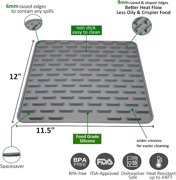 Silicone Roasting Mat and Silicone Baking Mat Combo for Air Fryer Oven - Set of 3 Food Safe, Non-Stick Baking Mat and Silicone Roasting Racks with Bonus Non-Stick Oven Liner