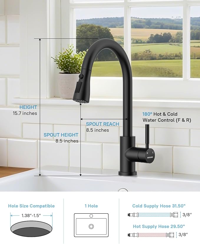 WEWE Kitchen Faucet with Pull Down Sprayer and Soap Dispenser, Stainless Steel Kitchen Sink Faucets, 3-Mode High Arc Single Handle Faucet for RV Farmhouse, Matte Black