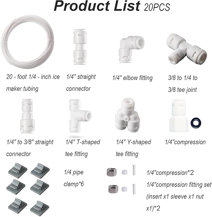 20PCS 1/4" Ice Maker & Refrigerator Water Line Kit - Complete Installation Solution for Ice Makers & Fridges (20FT Water Line with 19 Quick Fittings) Compatible with Reverse Osmosis Systems
