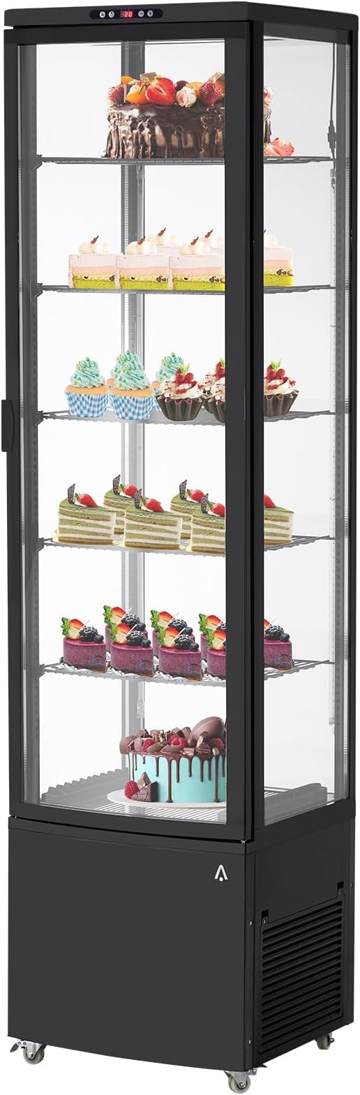 10.5 Cu.Ft Refrigerated Display Case, Floor-Standing Display Refrigerator with LED Light and Adjustable Shelves, Commercial Display Fridge with Casters for Cakes, Coffee, Bakery, Supermarkets, Store