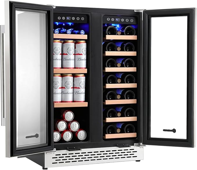 24 Inch Wine and Beverage Refrigerator Under Counter, Dual Zone 20 Bottles & 88 Cans Beverage Fridge with Stainless Steel Tempered Glass Door, Built-in/Freestanding Mini Fridge for Office/Bar/Kitchen