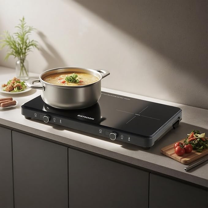 Double Induction Cooktop Continuous Low Power 9 Temperature Countertop Knob Control 1800W 18 Power 2 Electric Burner Sensor Touch Timer Stove