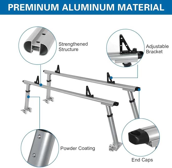 Non-Drilling Aluminum Truck Rack, Heavy Duty Width and Height Extendable Truck Bed Ladder Rack, Fit for Max 66" Wide Truck Bed, 600 lb. Capacity
