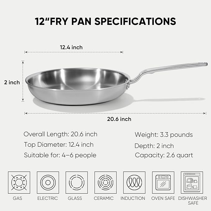 12 Inch Stainless Steel Frying Pan - 5 Ply Stainless Clad Skillet with Aluminum Core, Durable and Even Heating, Professional Cookware for Induction, All Stoves, Oven and Dishwasher Safe