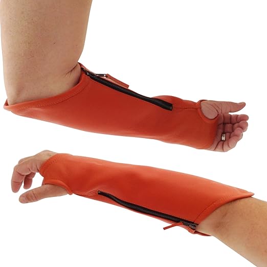 Arm Chaps Extended Elbow Leather Arm Guard - Arm Sleeve Protectors for Thin Skin and Bruising, Scratches & Cuts - Protective Arm Sleeve for Any Age- Left & Right Form-Fitting - Orange(1Pair/Small).
