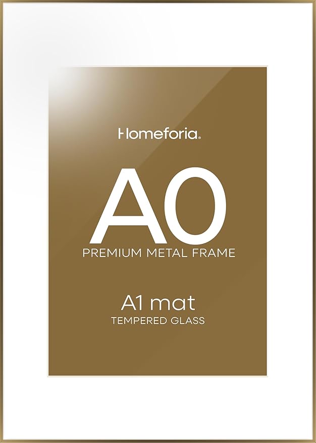 Homeforia A0 Poster Frame Bronze, High End Metal 33.1 x 46.8 inch Large Picture Frames with Mat for 23.4 x 33.1 Photo, A0 Size Brass Frame Matted to A1 Print, 33.1x46.8 Frame, Tempered Glass, Set of 1