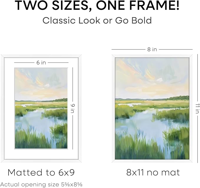 Homeforia 8x11 Picture Frame White, High End Metal 8 x 11 Poster Frames with Mat 6 by 9 for Photo, 11x8 Frame Matted to 6x9 inch Print, 8by11 Wall or Tabletop Frames, Tempered Glass, Wall Kit, Set of 1