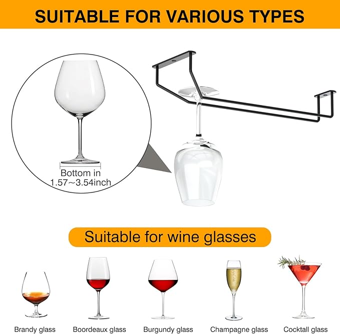 14-Inch Under Cabinet Wine Glass Holder - Metal Stemware Rack, Single Rail Hanging Rack for Kitchen Bar - Set of 4