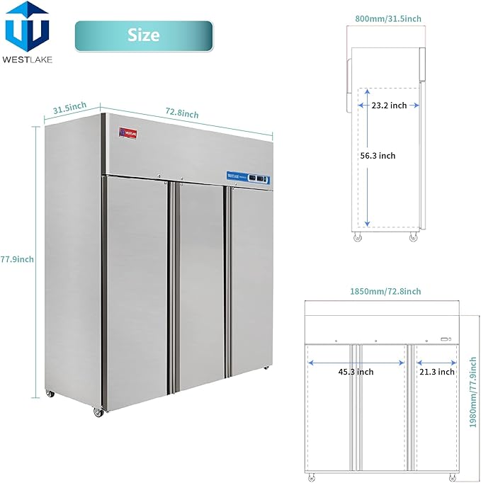 WESTLAKE Commercial Refrigerator and Freezer Combo 72" W 3 door 3 Section Stainless Steel Reach in Solid door Fan Cooling 54 Cu.ft Refrigerator and Freezer Combo for Restuarant, Bar, Shop, etc