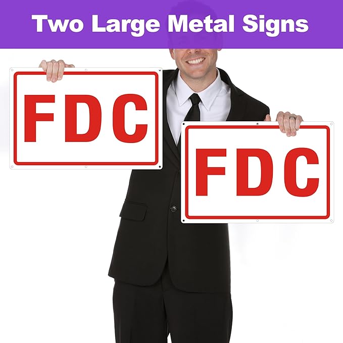 FDC Sign, 2 Pack Outdoor Aluminum Metal Sign, FDC Signs for Fire Department Connection, UV Protected Weather Resistant and Easy to Install (White Color, 18 x 12 inches)