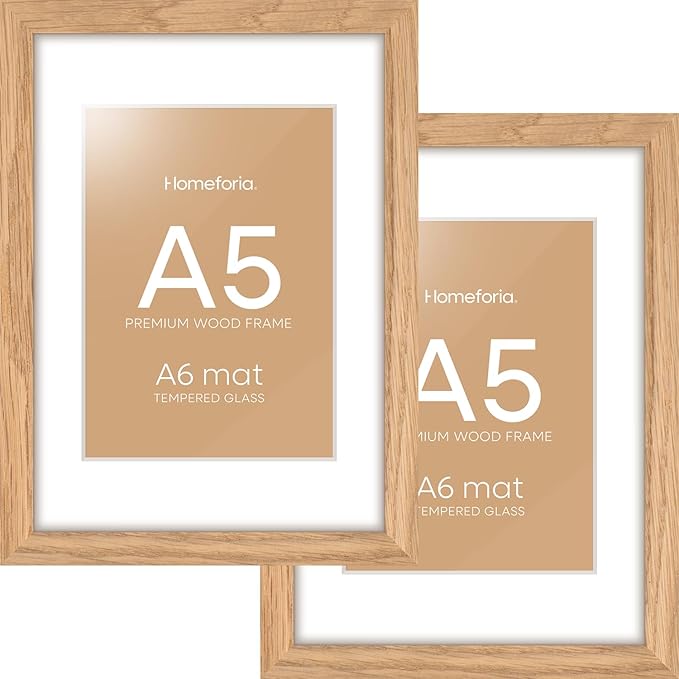 Homeforia A5 Wood Picture Frame, High-End Natural Oak 5.8x8.3 Frame Matted to 4.1x5.8 inch Photo, A5 Size Wooden Frames with Mat A6 for Art, 5.8 x 8.3 Poster Frames, Tempered Glass, Wall Kit, Set of 2