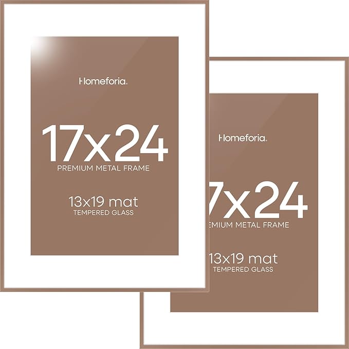 Homeforia 17x24 Picture Frame Mocha, High End Metal 17x24 Poster Frames with Mat 13x19 Photo, 17 x 24 Mocha Frame Matted to 13 by 19 Print, 24by17 Thin Hanging Frames, Tempered Glass, Wall Kit, Set of 2
