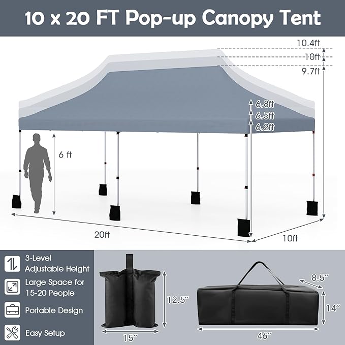 Tangkula 10x20 Ft Pop Up Canopy, Instant Setup Tent with 6 Sandbags, 12 Stakes & 6 Ropes, UPF 50+ Portable Outdoor Canopy Tent with Carrying Bag for Camp, Beach, Patio (Gray)