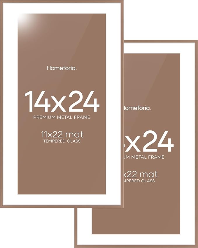 Homeforia 14x24 Picture Frame Mocha, High End Metal 14x24 Poster Frames with Mat 11x22 Photo, 14 x 24 Mocha Frame Matted to 11 by 22 Print, 24by14 Thin Hanging Frames, Tempered Glass, Wall Kit, Set of 2