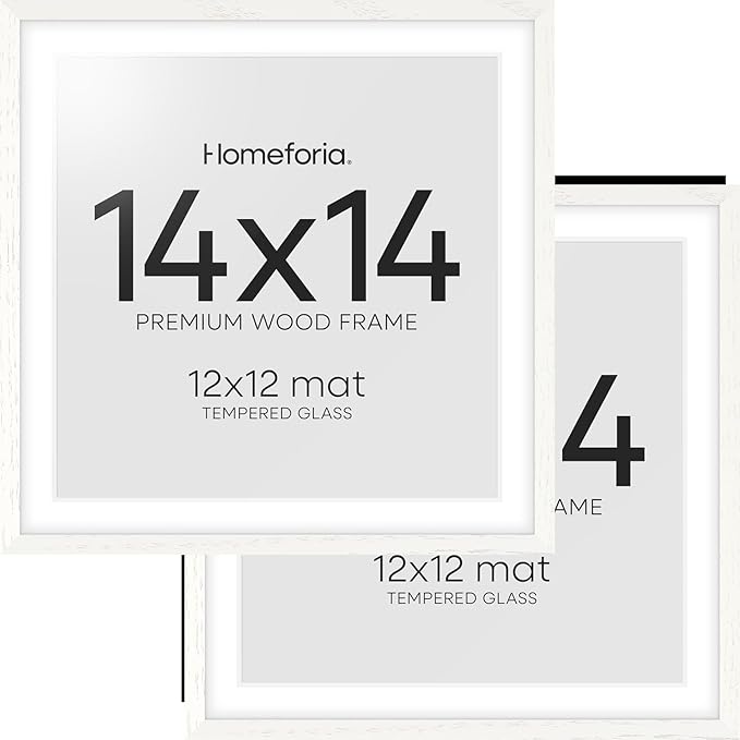 Homeforia 14x14 White Picture Frame, High End Oak 14 x 14 Square Wood Frames with Mat 12 by 12 inches Photo, 14by14 White Wooden Poster Frames Matted to 12x12 Print, Tempered Glass, Wall Kit, Set of 2