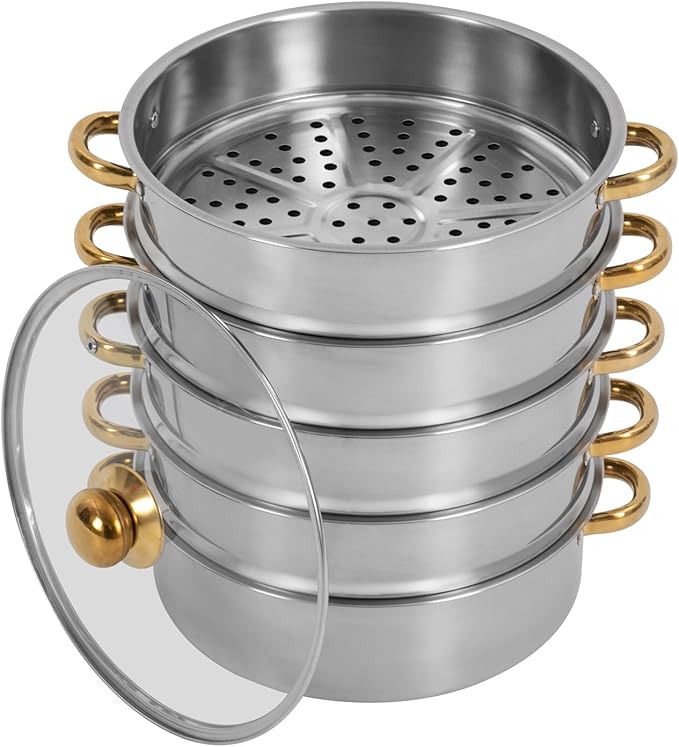 Stainless Steel Steamer Pot, 10.3-Inch Steamer for Cooking, 5-Tier Food Steam Pots with Lid for Cooking Vegetables, Seafood, Soups, Stews, Dumplings and Pasta