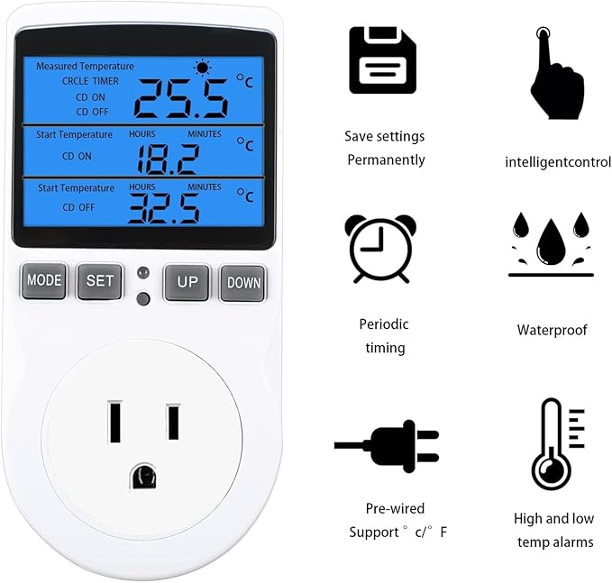 Backlit Digital Temperature Controller, LCD Screen Heating Cooling Thermostat Outlet Socket with Sensor Timer Regulator for Reptile Incubator Greenhouse Brewing Refrigerator, 120V, 15A, ℉/℃