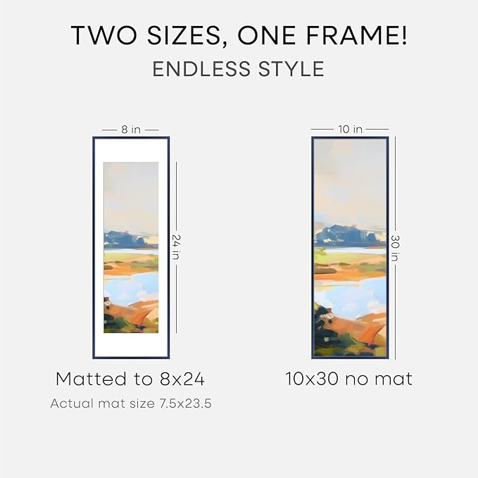 Homeforia 10x30 Navy Blue Picture Frame, High End Metal 10by30 Poster Frames with Mat 8x24 Photo, 10 x 30 Blue Frames Matted to 8 x 24 Print, 30x10 Panoramic Frames, Tempered Glass, Wall Kit, Set of 2