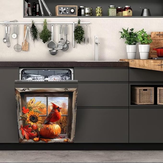 Dishwasher Magnetic Cover, Cardinal Bird Dishwasher Magnet Kitchen Decor, Pumpkin Dishwasher Cover Magnetic Refrigerator Sticker Holiday Decal, 26"x26"