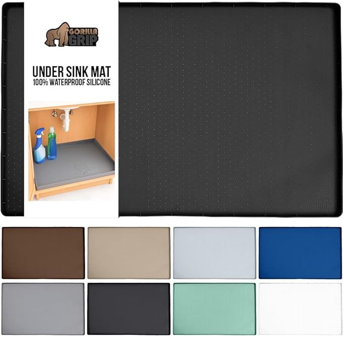 GORILLA GRIP Waterproof Silicone Under Sink Mat with Raised Lip for Kitchen and Bathroom, Cabinet Shelf Liner Stay in Place Mats Dishwasher Safe Drawer Liner, Organizer Tray, 19 x 34 in, Black