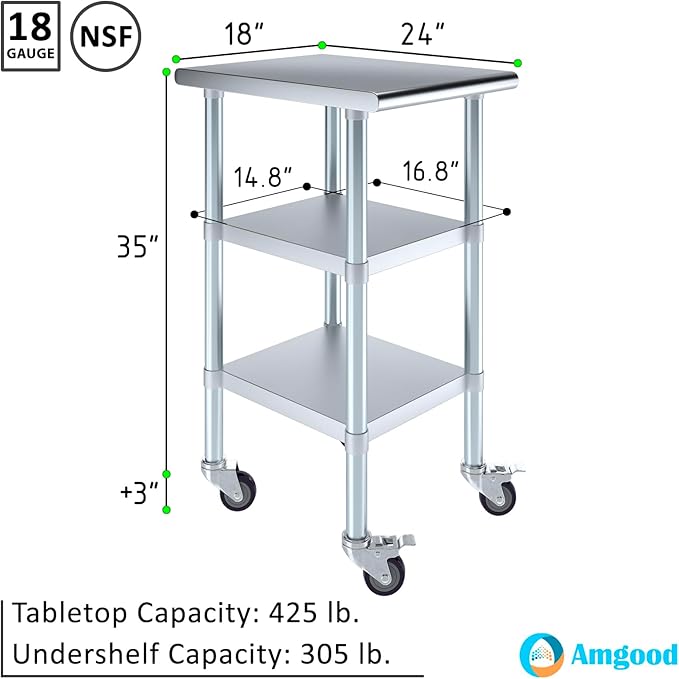 AmGood Stainless Steel Work Table with 2 Shelves and Casters | Metal Utility Table On Wheels (Stainless Steel Work Table with 2 Shelves + Casters, 18" Long x 24" Deep)