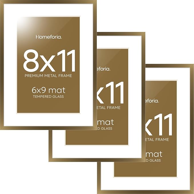 Homeforia 8x11 Picture Frame Bronze, High End Metal 8 x 11 Brass Frames with Mat 6 by 9 for Photo, 11x8 Frame Matted to 6x9 inch Print, 8by11 Wall or Tabletop Frame, Tempered Glass, Wall Kit, Set of 3