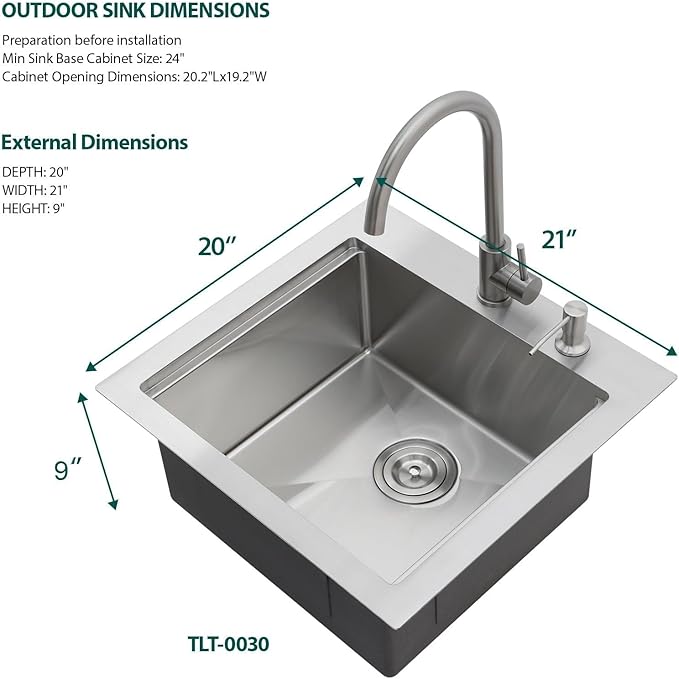 Outdoor Kitchen Sink - 21 x 20 Inch Outdoor Sink Drop In Workstation Stainless Steel 16 Gauge Topmount Single Bowl Small Wet Bar Sinks with Faucet & Premium Stainless Steel Cover #TLT-0030